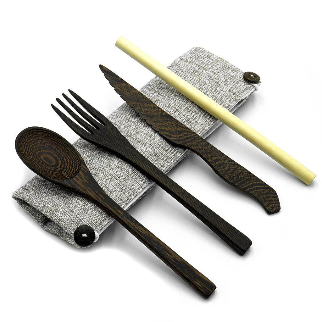 Besteckset aus dunklem Holz – mit Bambusstrohhalm & Dunkelgraue Bio-Baumwolltasche-5