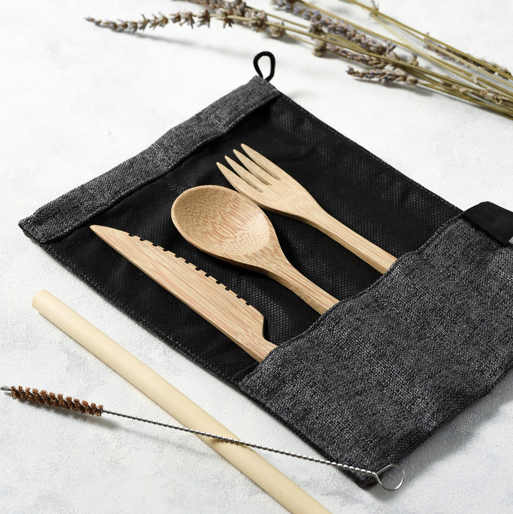 Bambus Besteckset (Hellgraue Tasche)-6