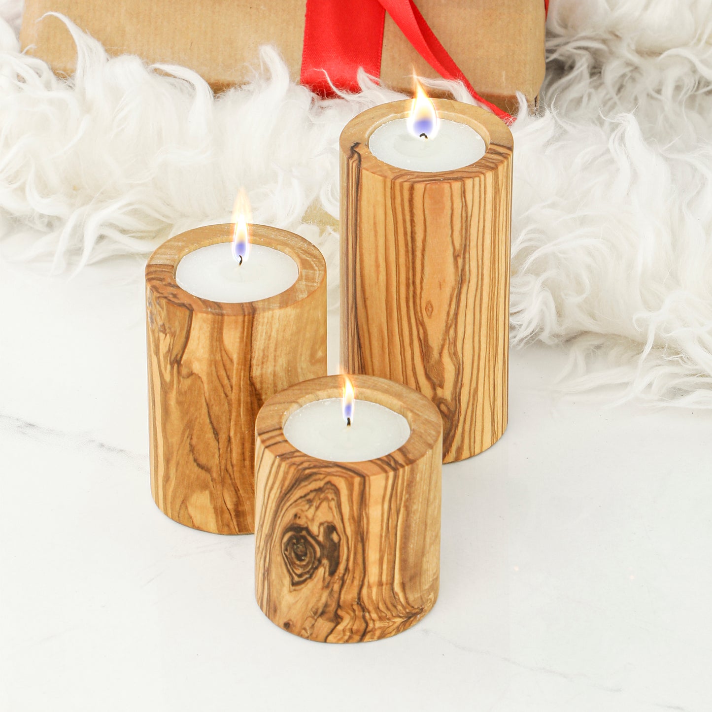 Handgefertigtes 3er-Set Kerzenhalter aus tunesischem Olivenholz