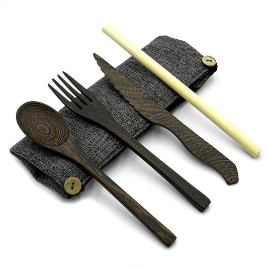 Besteckset aus dunklem Holz – mit Bambusstrohhalm & Dunkelgraue Bio-Baumwolltasche-0