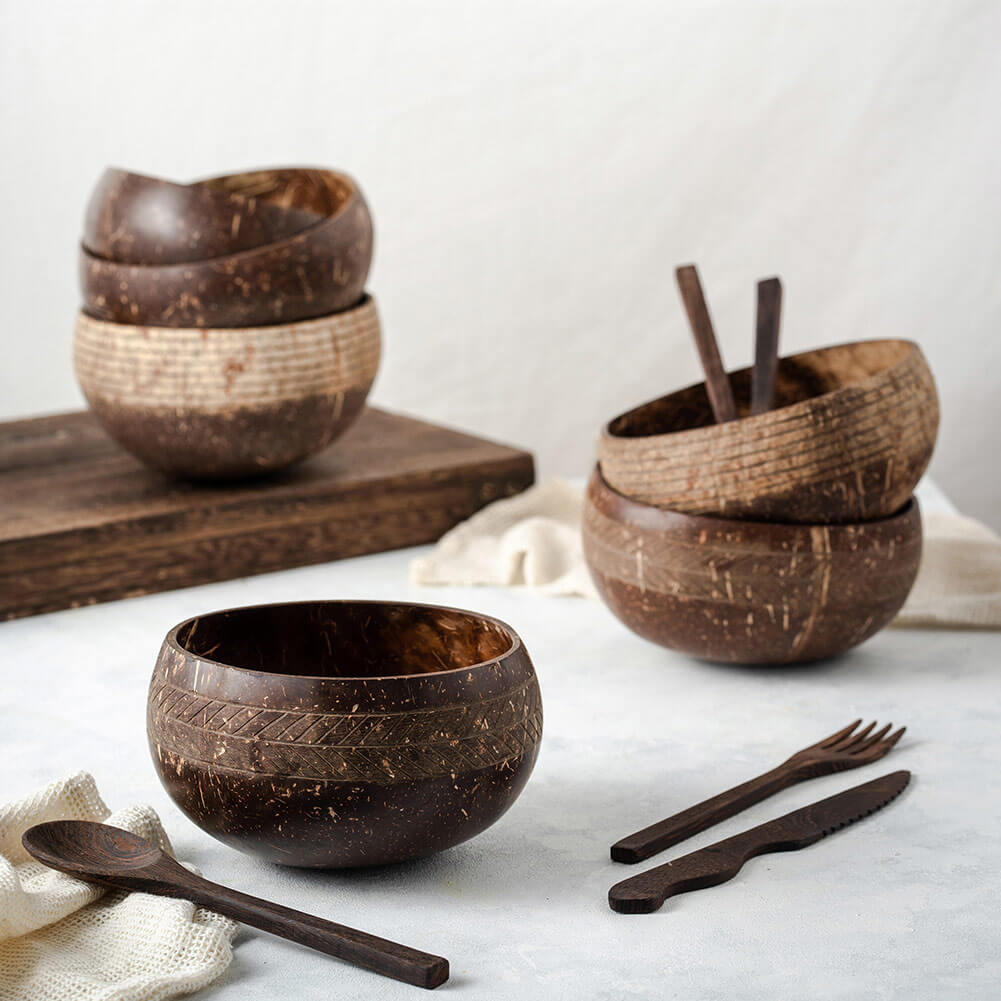 Eco-friendly Kokosnuss Schalen Set – 4er Set mit Löffeln & Strohhalmen-4