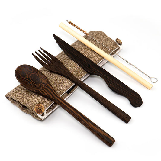 Besteckset aus dunklem Holz – mit Bambusstrohhalm & Graue Bio-Baumwolltasche-0