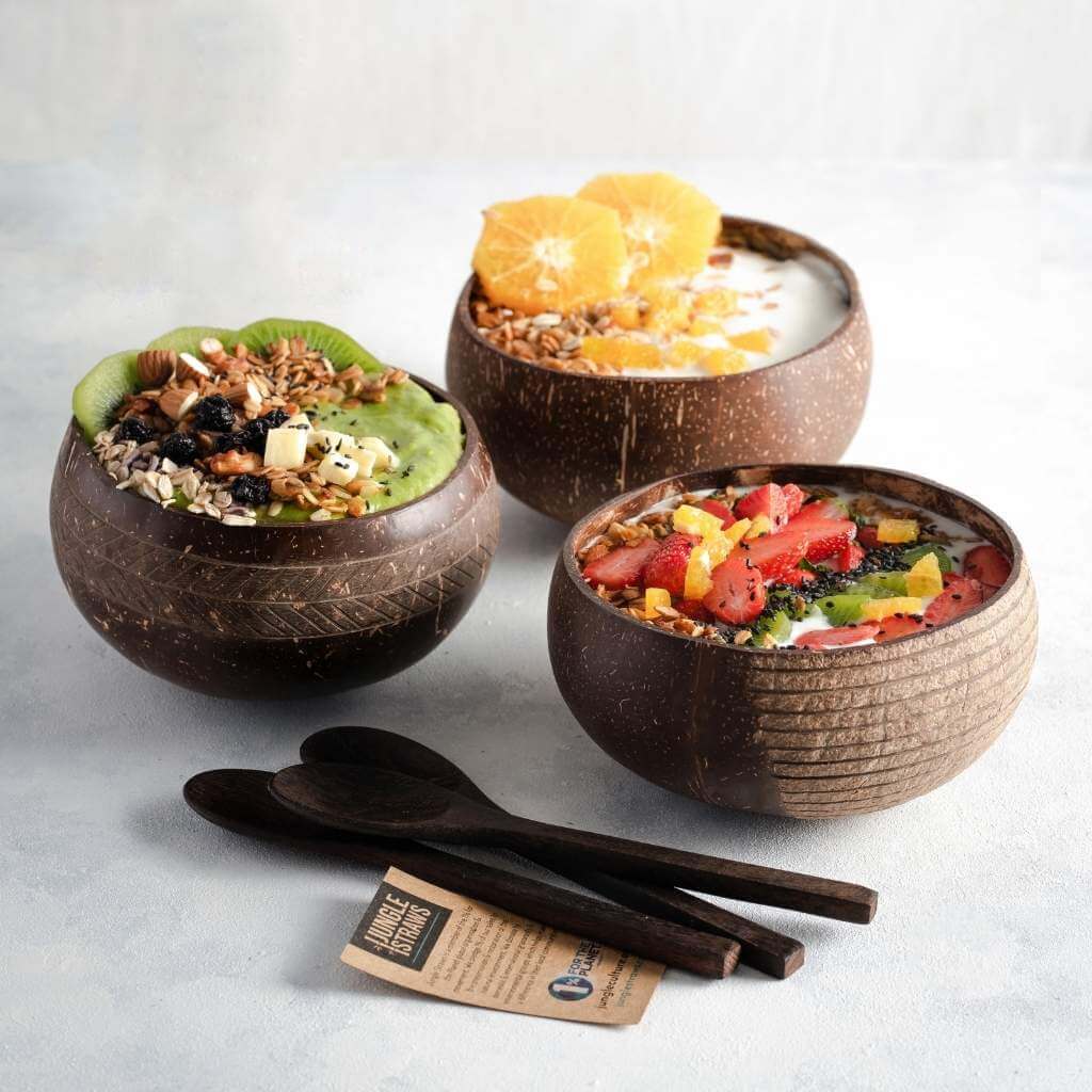 Eco-friendly Kokosnuss Schalen Set – 4er Set mit Löffeln & Strohhalmen-3
