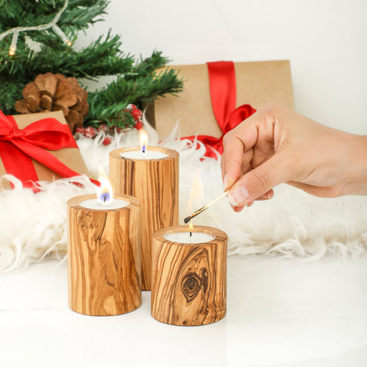Handgefertigtes 3er-Set Kerzenhalter aus tunesischem Olivenholz