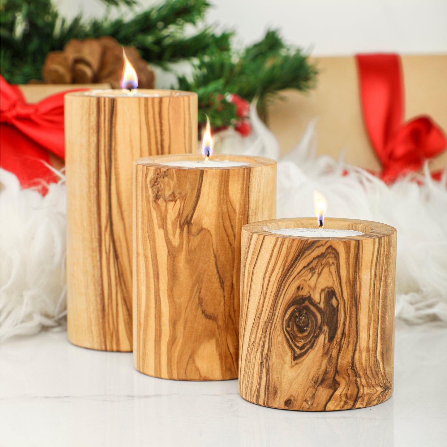 Handgefertigtes 3er-Set Kerzenhalter aus tunesischem Olivenholz