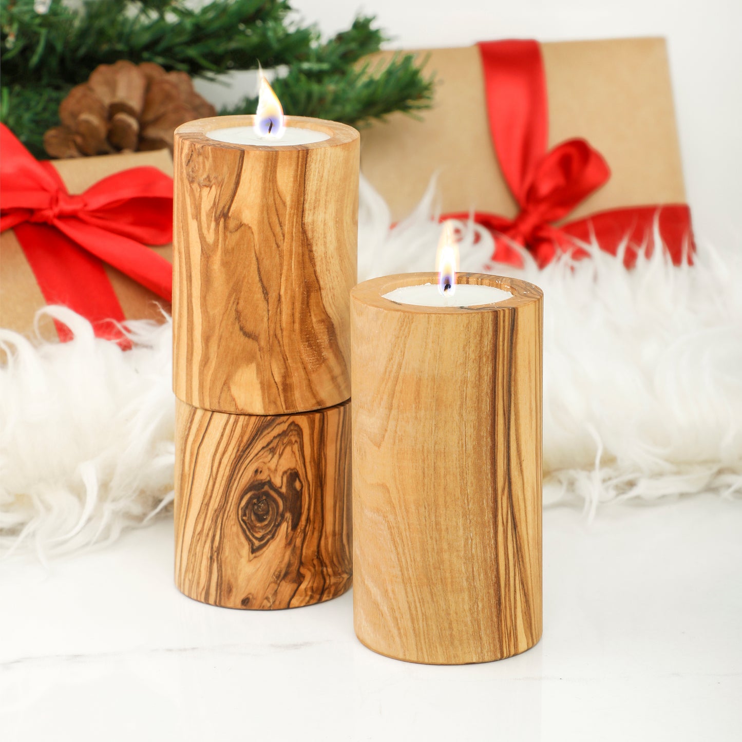 Handgefertigtes 3er-Set Kerzenhalter aus tunesischem Olivenholz