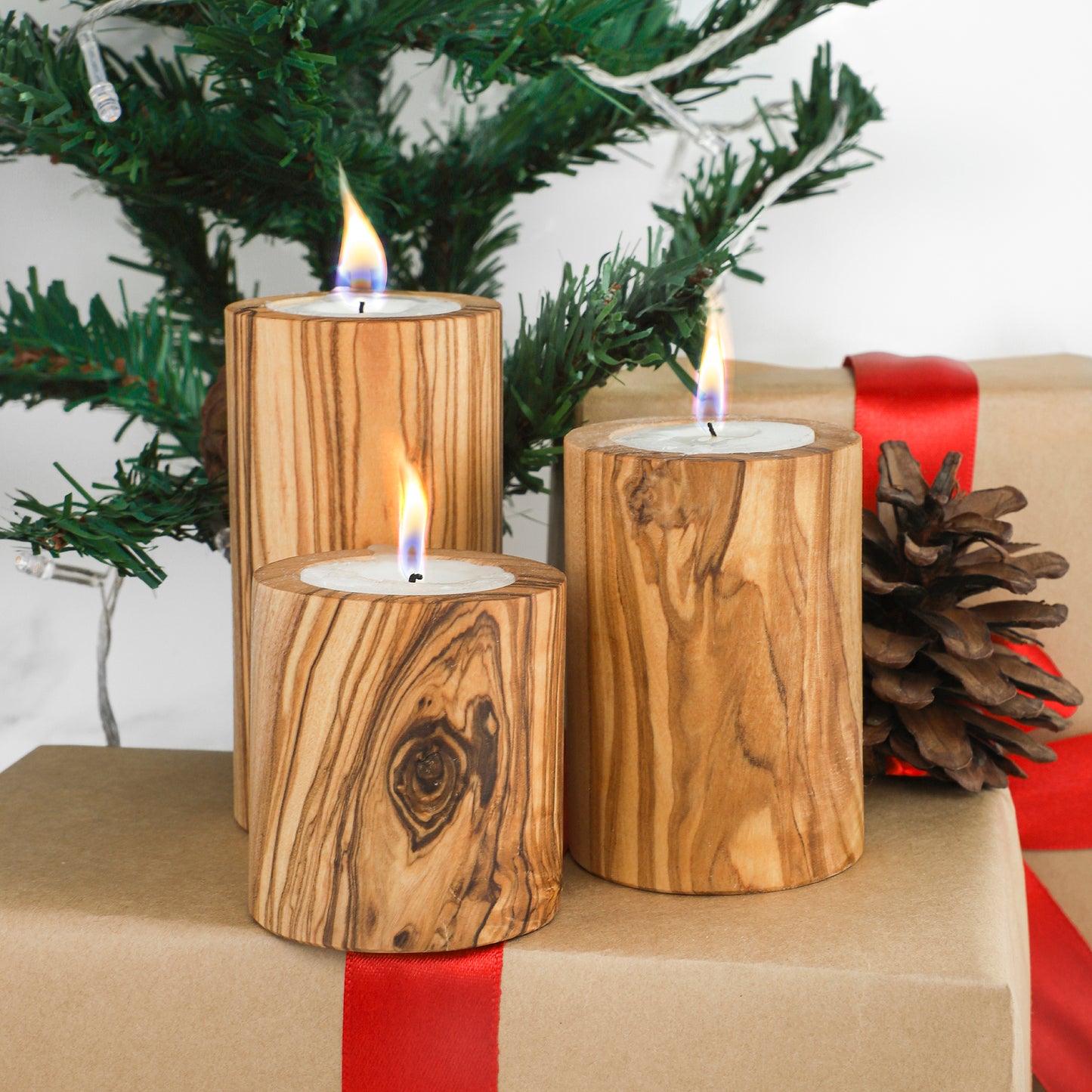 Handgefertigtes 3er-Set Kerzenhalter aus tunesischem Olivenholz