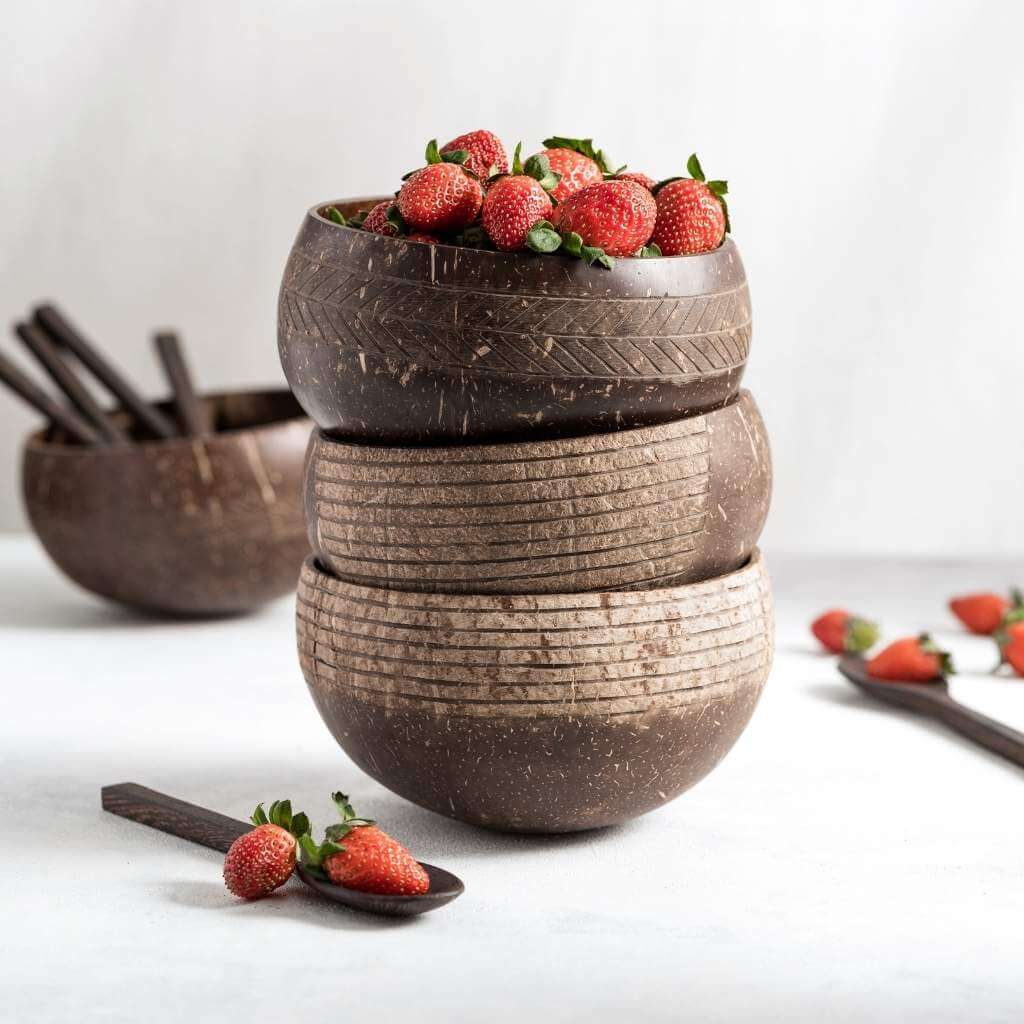 Eco-friendly Kokosnuss Schalen Set – 4er Set mit Löffeln & Strohhalmen-2